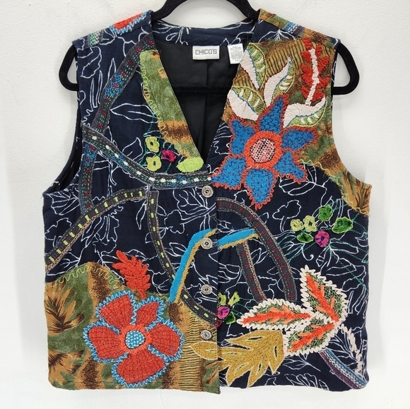 Chico's Vintage Embroidered Floral Vest Womens Large Black 90s Boho - Picture 2 of 7